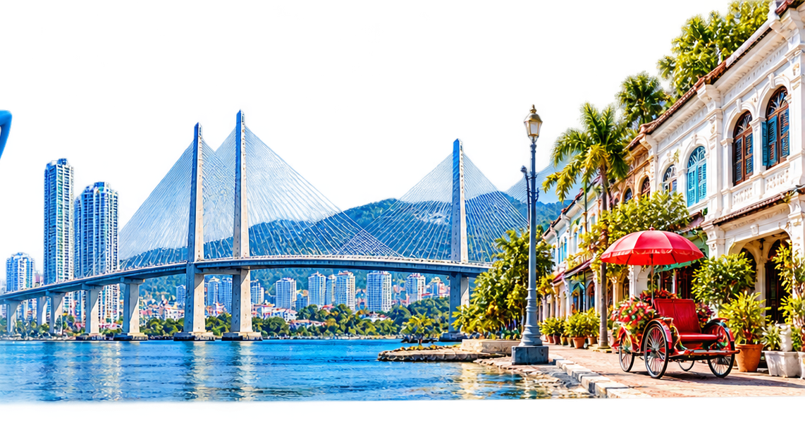 Penang bridge and heritage streetscape digital illustration
